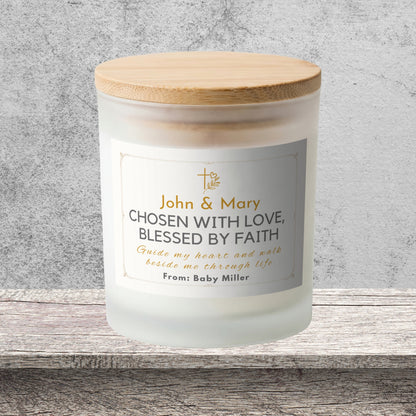 DESIGN B - Chosen With Love, Blessed by Faith personalized frosted candle on a stone backdrop