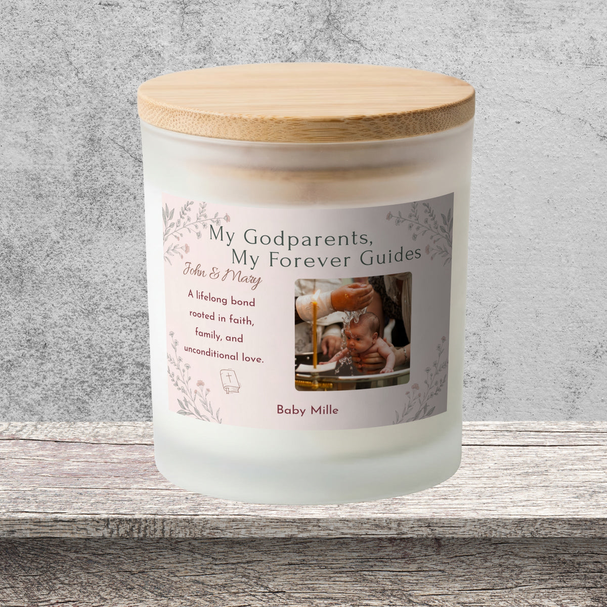 DESIGN F - My Godparents, My Forever Guides personalized frosted candle on a stone backdrop