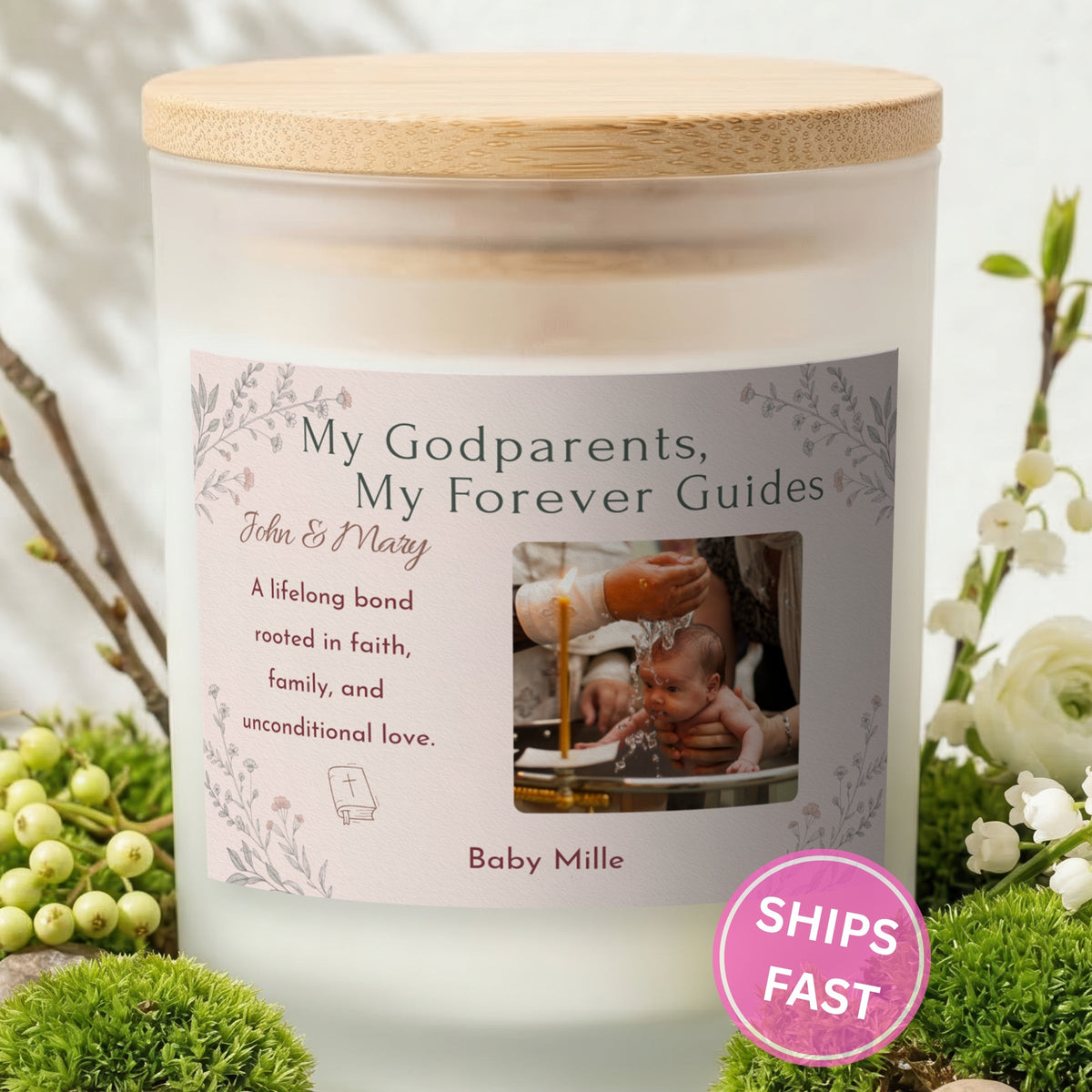 My Godparents, My Forever Guides personalized frosted candle with bamboo lid in a lifestyle scene with greenery