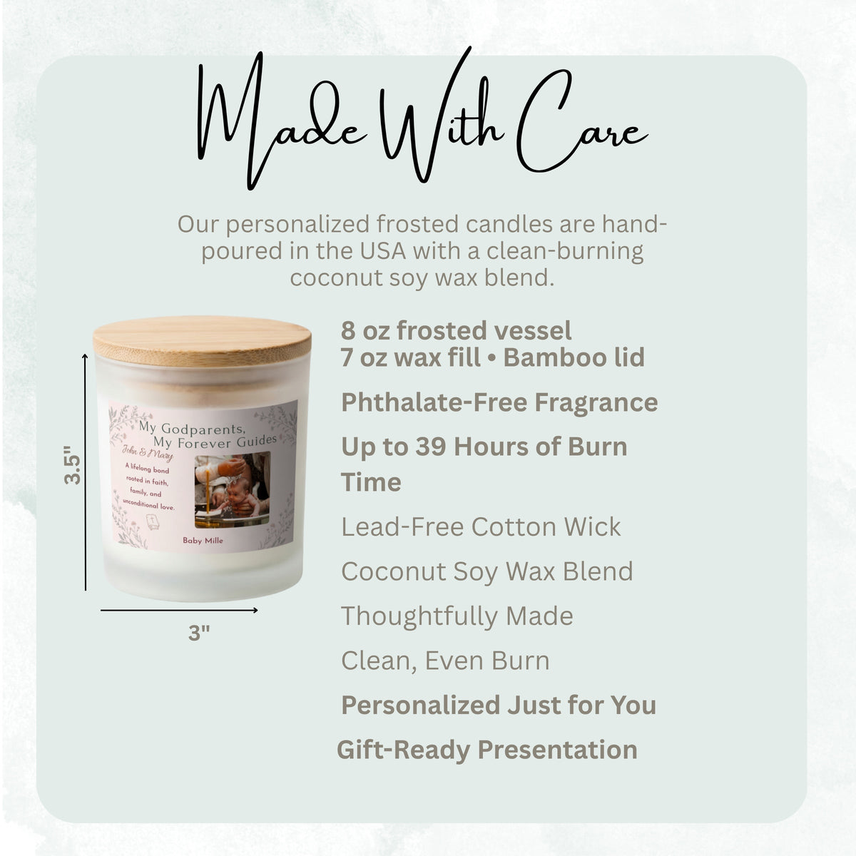 Product details and size diagram for the My Godparents, My Forever Guides personalized frosted candle
