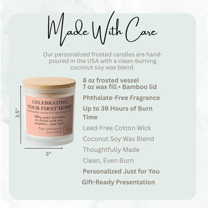 Product details and size diagram for the Celebrating Your First Home personalized frosted candle