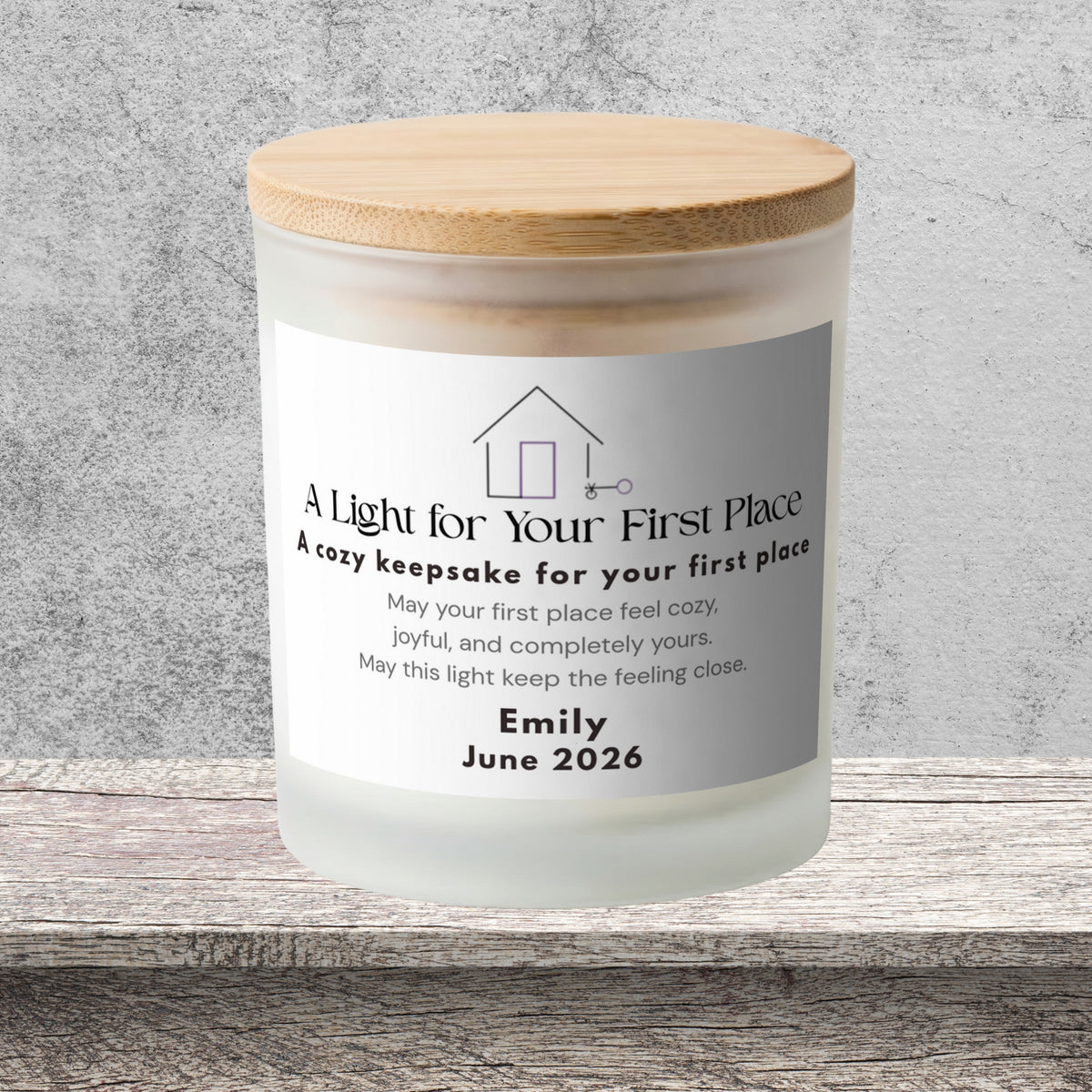 DESIGN F - A Light for Your First Place personalized frosted candle on a stone backdrop