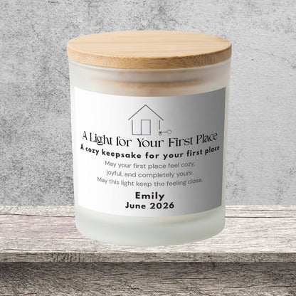 DESIGN F - A Light for Your First Place personalized frosted candle on a stone backdrop