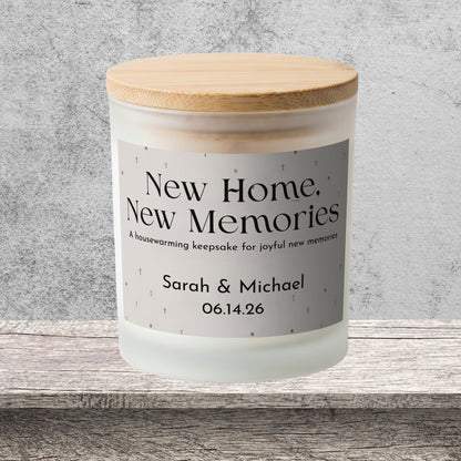 DESIGN C - New Home, New Memories personalized frosted candle on a stone backdrop