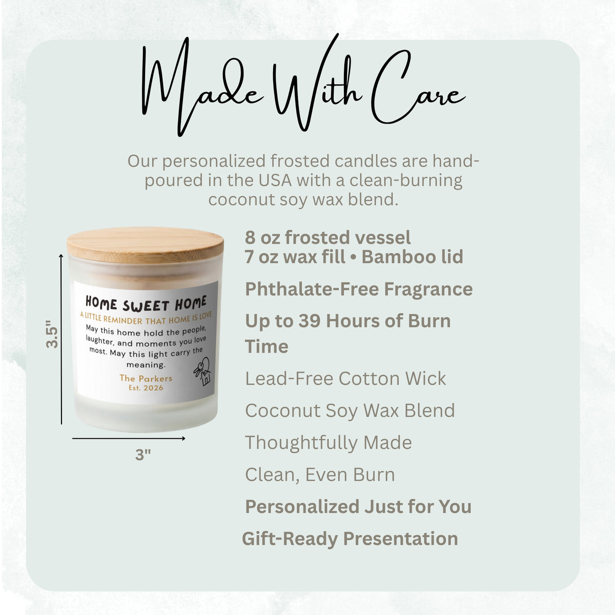Product details and size diagram for the Home Is Love personalized frosted candle
