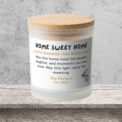 DESIGN D - Home Is Love personalized frosted candle on a stone backdrop