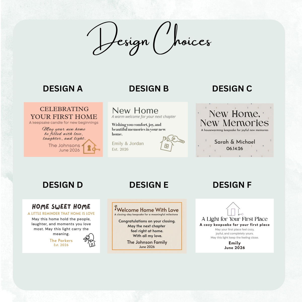 Design choices chart of DESIGN A to F frosted candle labels, including Welcome Home With Love
