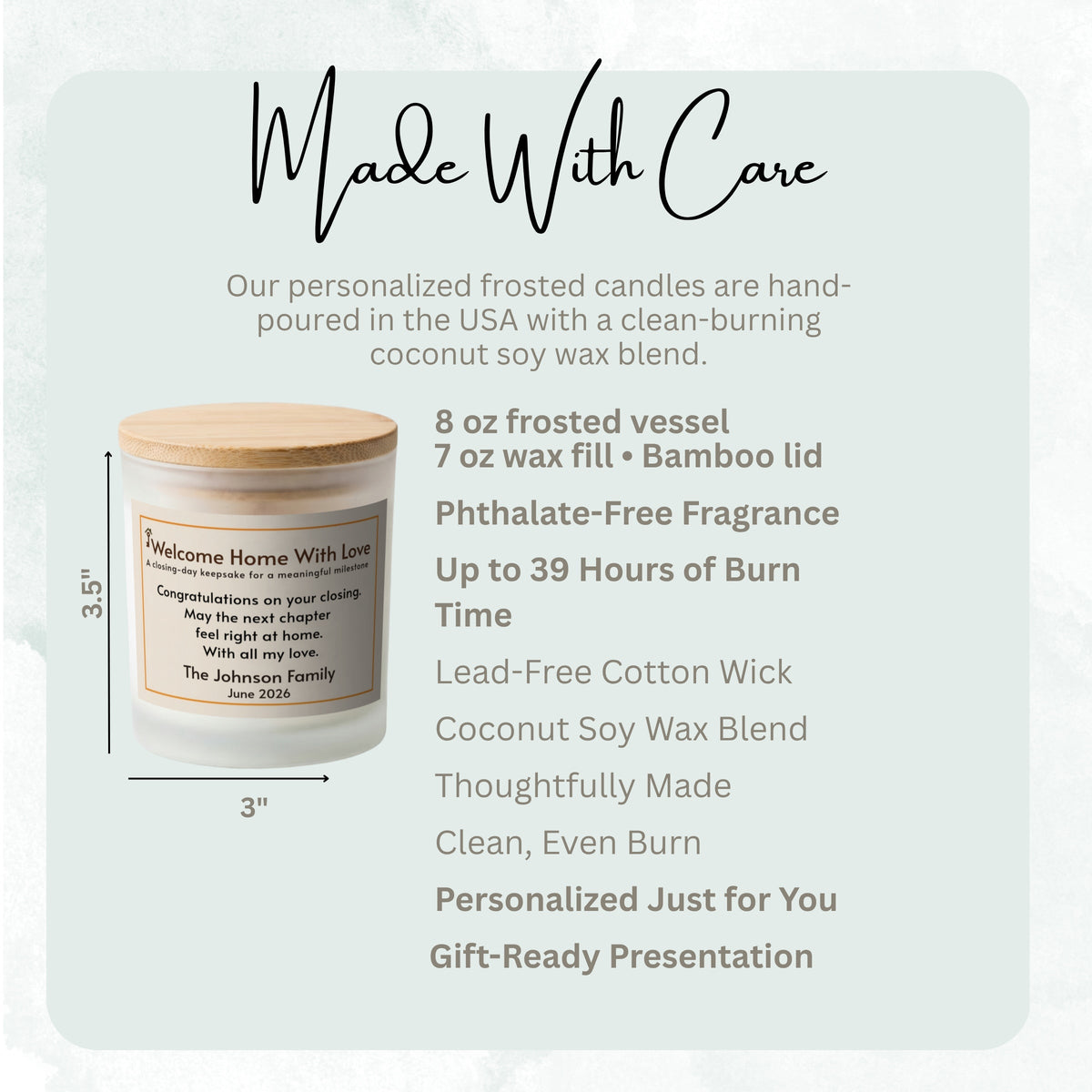 Product details and size diagram for the Welcome Home With Love personalized frosted candle