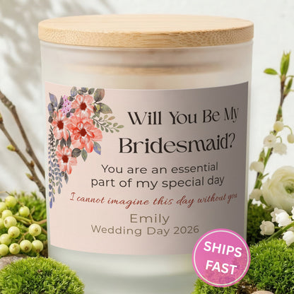 Essential Part of My Special Day personalized frosted candle with bamboo lid in a lifestyle scene with greenery