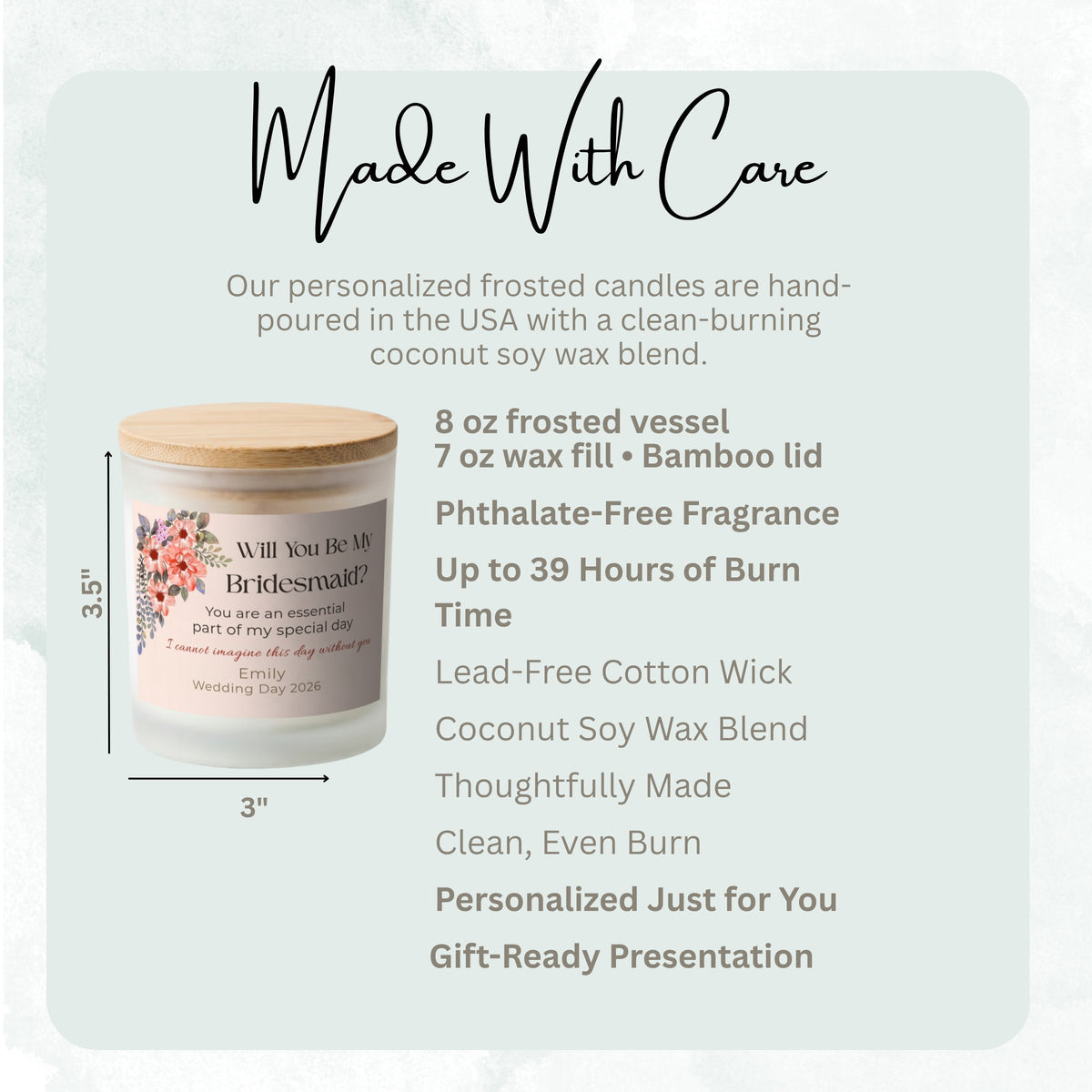 Product details and size diagram for the Essential Part of My Special Day personalized frosted candle
