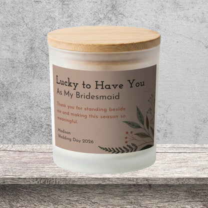 DESIGN B - Lucky to Have You personalized frosted candle on a stone backdrop