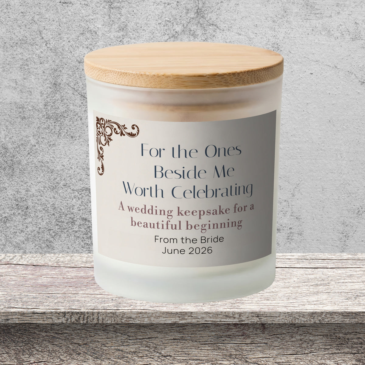 DESIGN C - For the Ones Beside Me personalized frosted candle on a stone backdrop