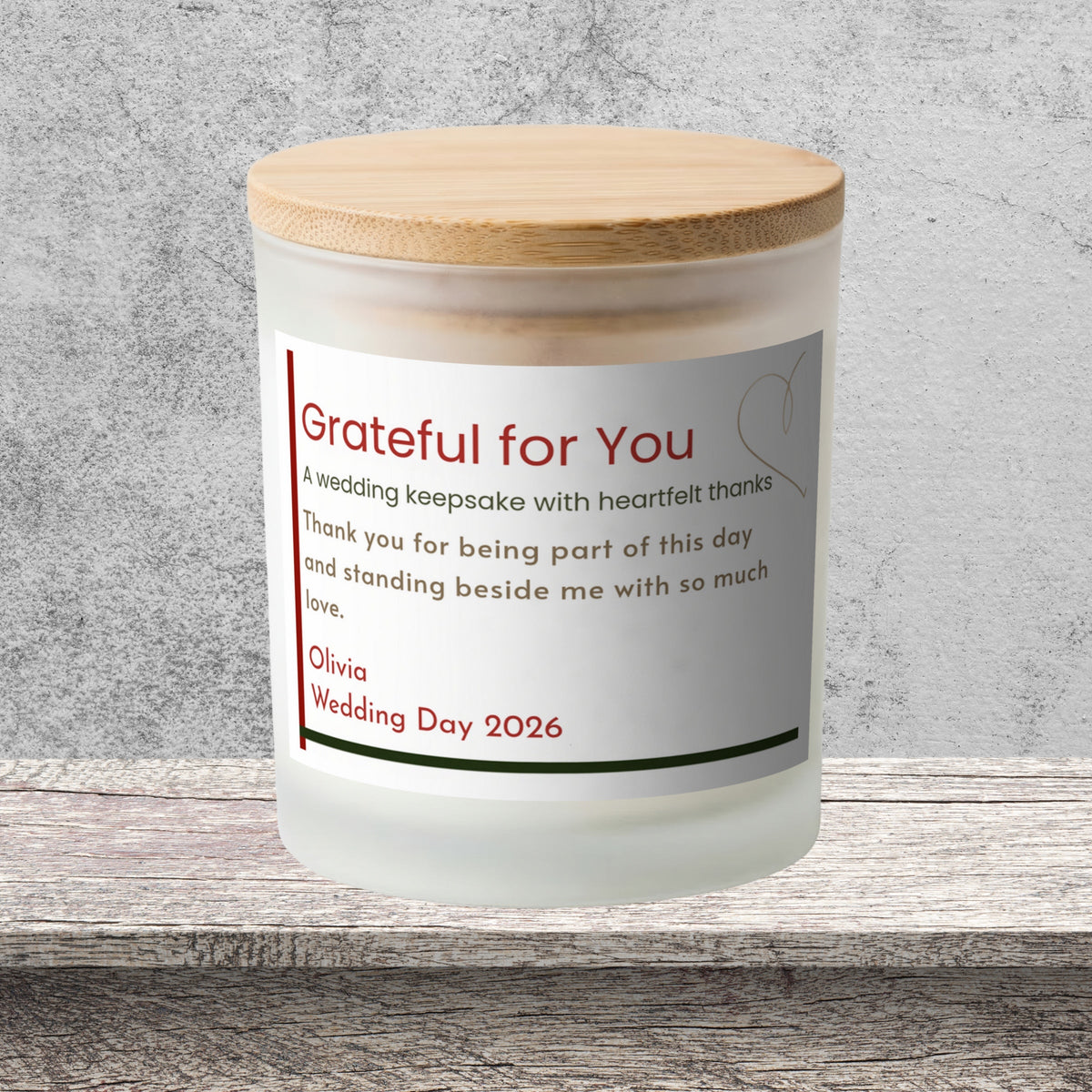 DESIGN D - Grateful for You personalized frosted candle on a stone backdrop