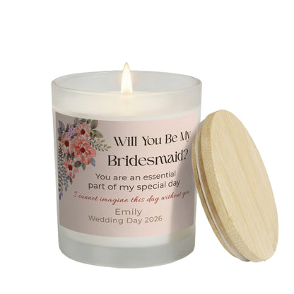Essential Part of My Special Day personalized frosted candle, lit with the bamboo lid set aside, on a white background