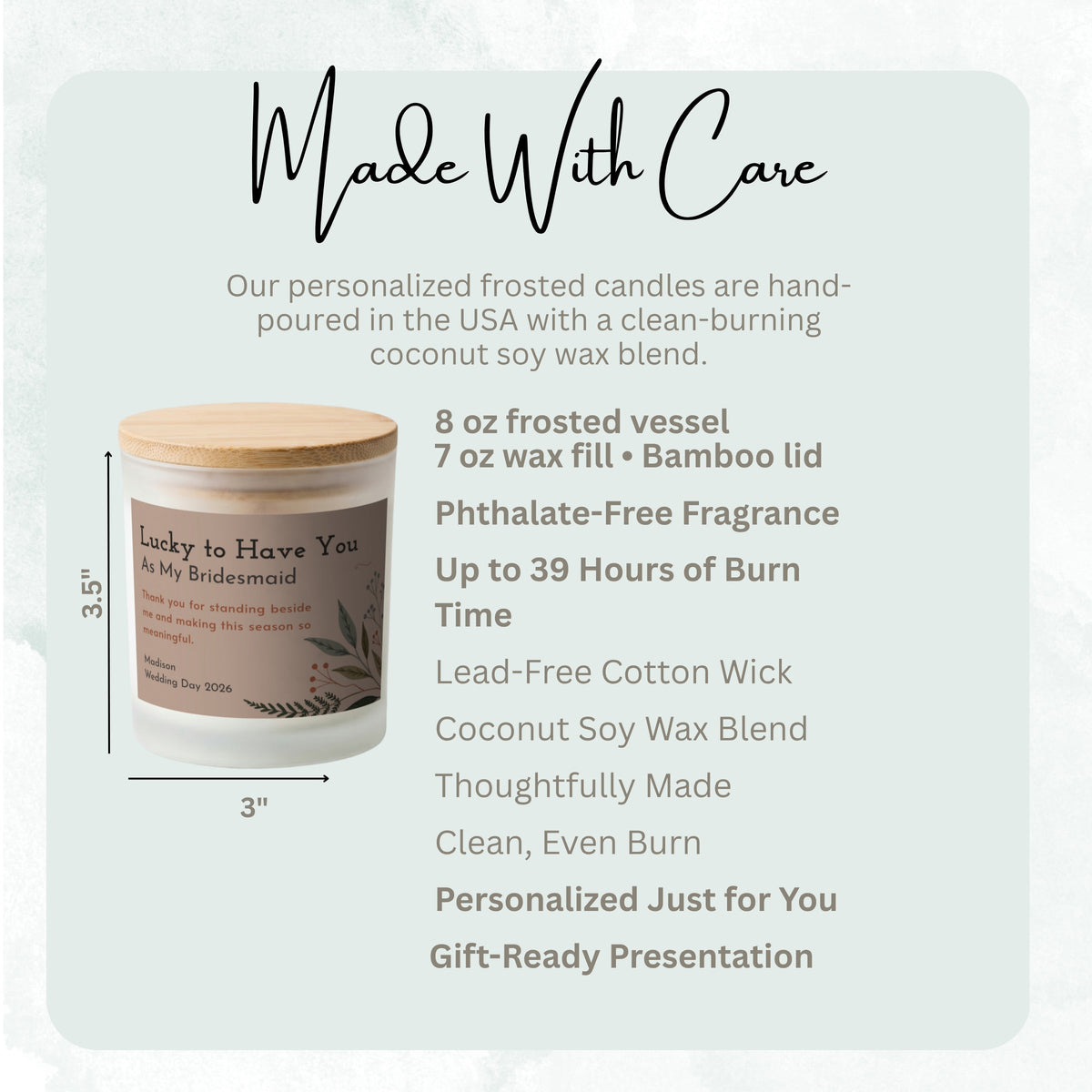Product details and size diagram for the Lucky to Have You personalized frosted candle
