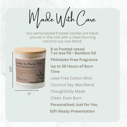 Product details and size diagram for the Lucky to Have You personalized frosted candle
