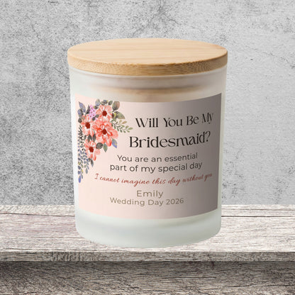 DESIGN A - Essential Part of My Special Day personalized frosted candle on a stone backdrop