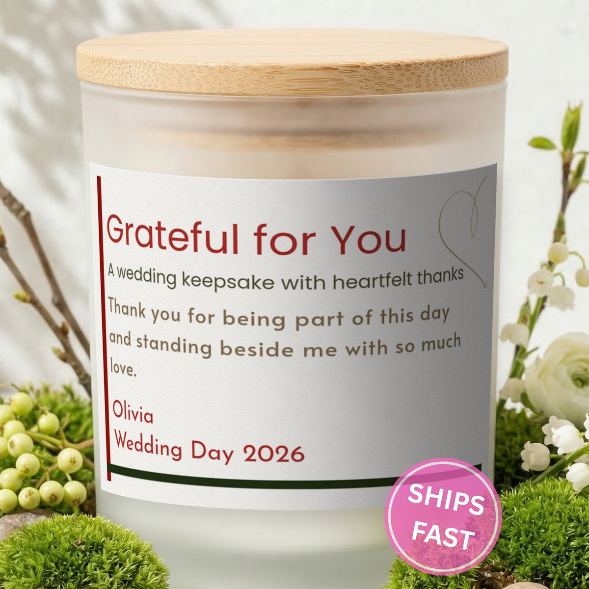 Grateful for You personalized frosted candle with bamboo lid in a lifestyle scene with greenery