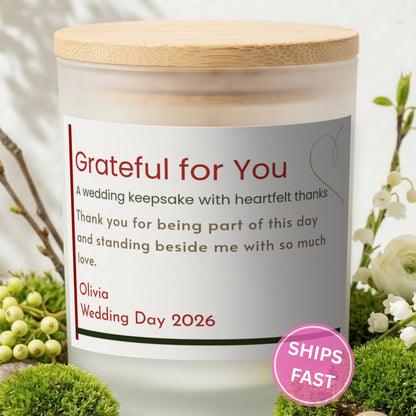 Grateful for You personalized frosted candle with bamboo lid in a lifestyle scene with greenery