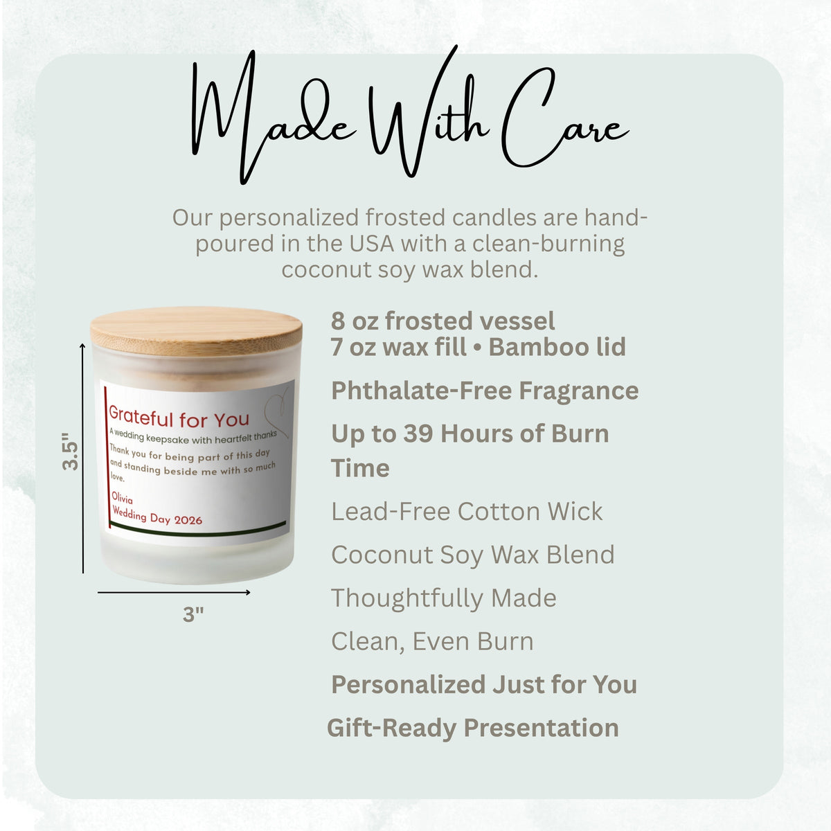 Product details and size diagram for the Grateful for You personalized frosted candle