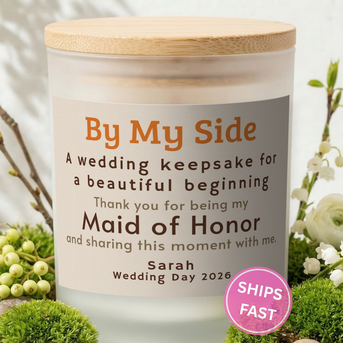 By My Side personalized frosted candle with bamboo lid in a lifestyle scene with greenery