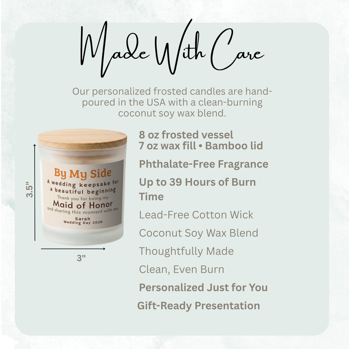Product details and size diagram for the By My Side personalized frosted candle