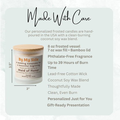 Product details and size diagram for the By My Side personalized frosted candle