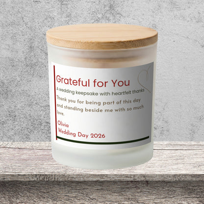 DESIGN D - Grateful for You personalized frosted candle on a stone backdrop