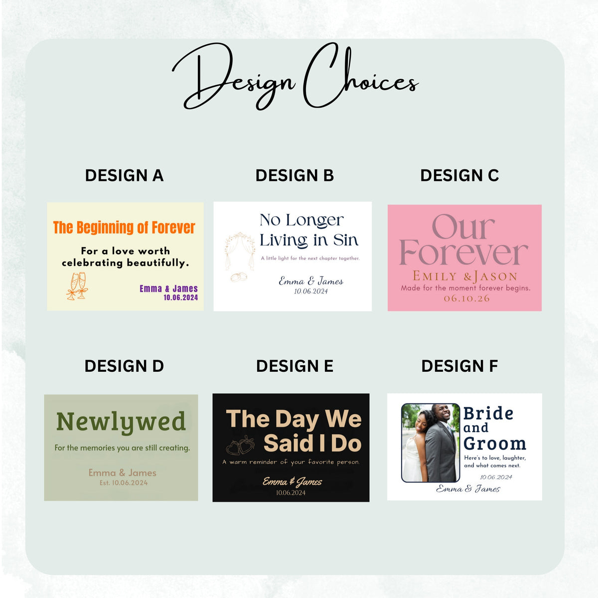 Design choices chart of DESIGN A to F frosted candle labels, including The Beginning of Forever