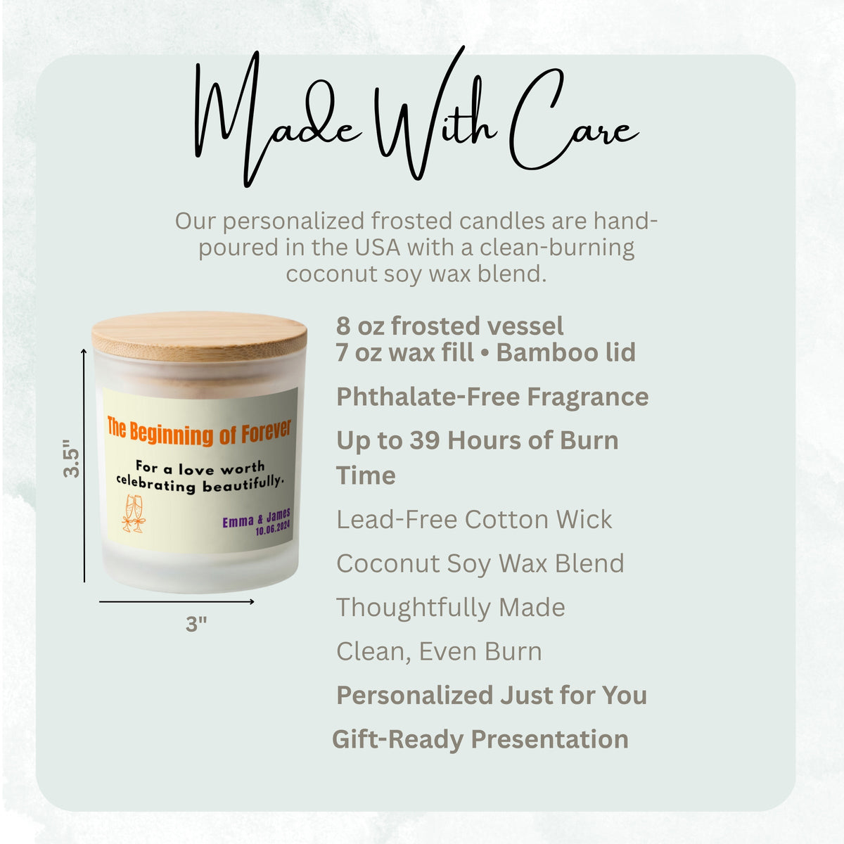 Product details and size diagram for The Beginning of Forever personalized frosted candle