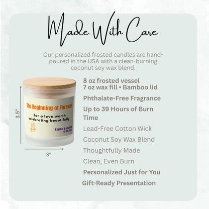 Product details and size diagram for The Beginning of Forever personalized frosted candle