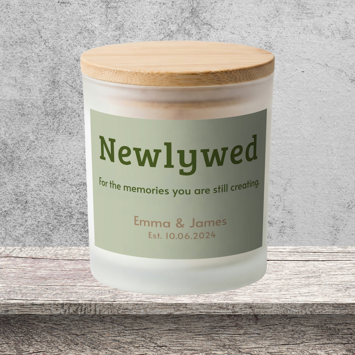 DESIGN D - Memories You Are Still Creating personalized frosted candle on a stone backdrop