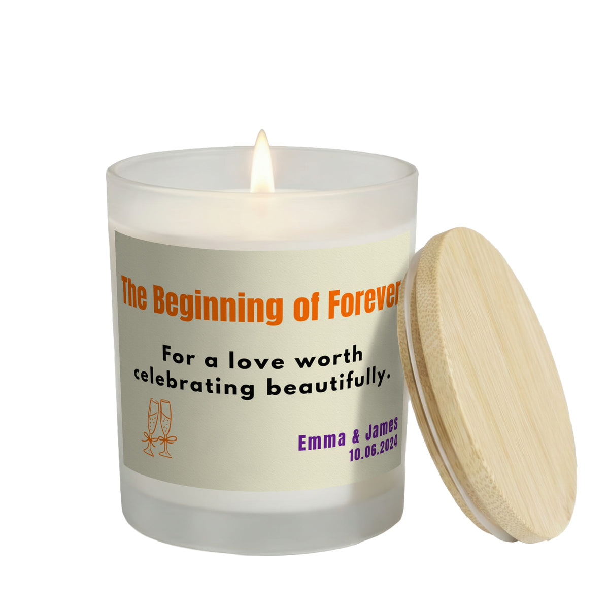 The Beginning of Forever personalized frosted candle, lit with the bamboo lid set aside, on a white background