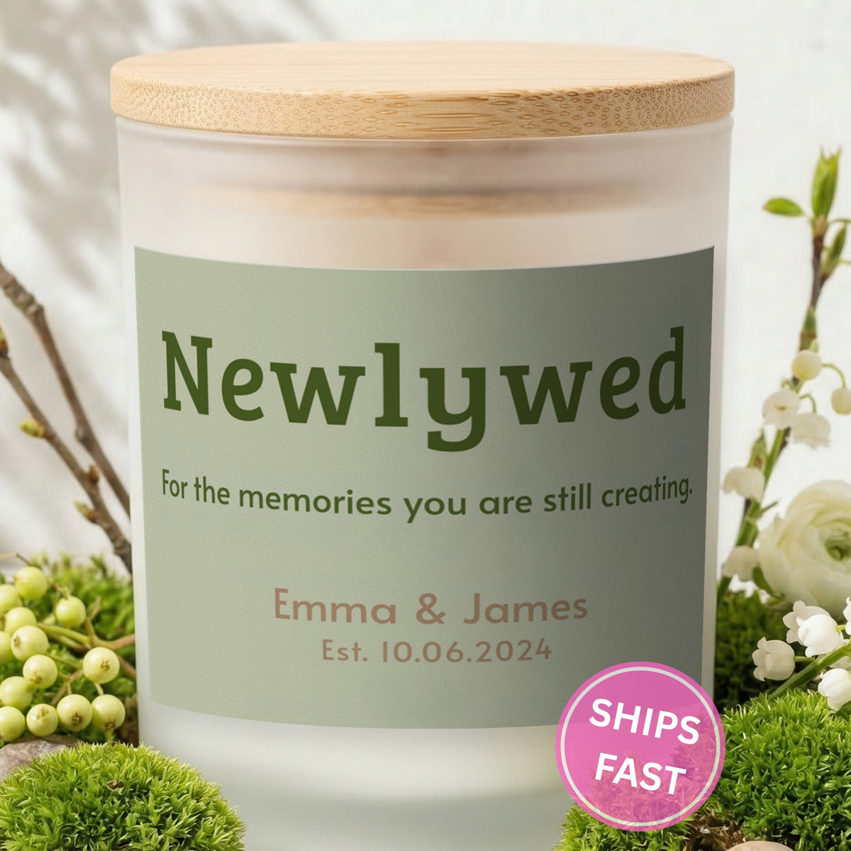Memories You Are Still Creating personalized frosted candle with bamboo lid in a lifestyle scene with greenery