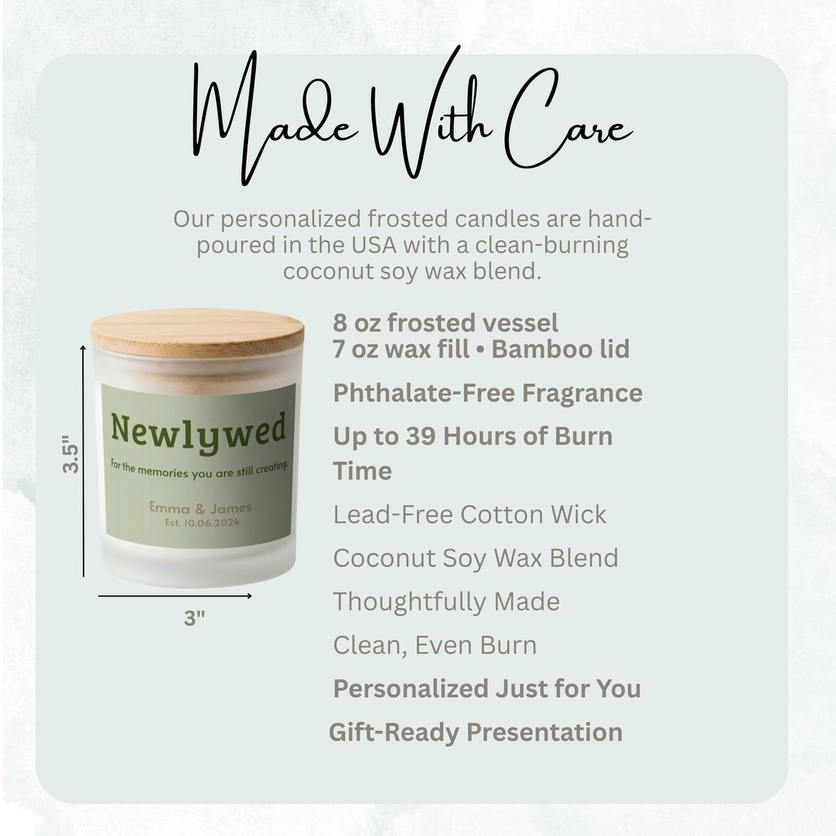 Product details and size diagram for the Memories You Are Still Creating personalized frosted candle
