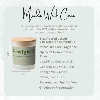 Product details and size diagram for the Memories You Are Still Creating personalized frosted candle