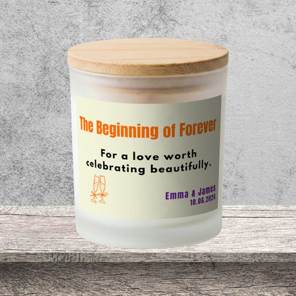 DESIGN A - The Beginning of Forever personalized frosted candle on a stone backdrop