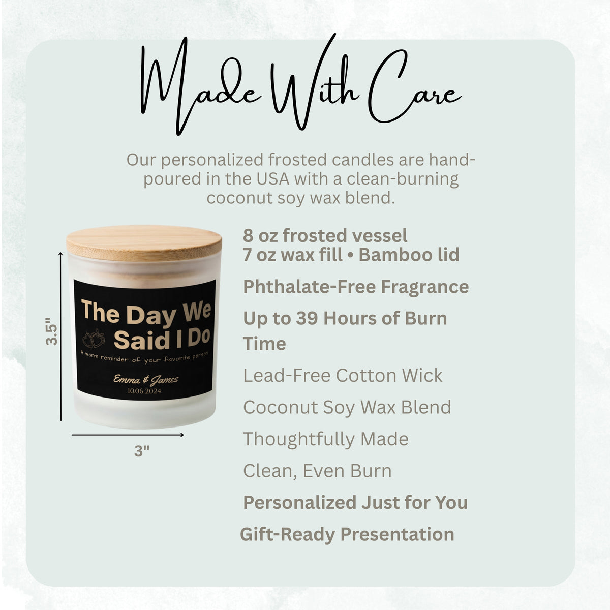 Product details and size diagram for The Day We Said I Do personalized frosted candle
