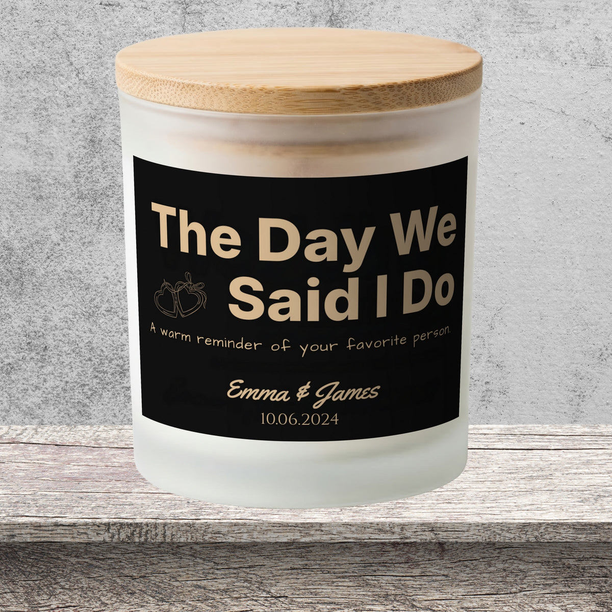 DESIGN E - The Day We Said I Do personalized frosted candle on a stone backdrop
