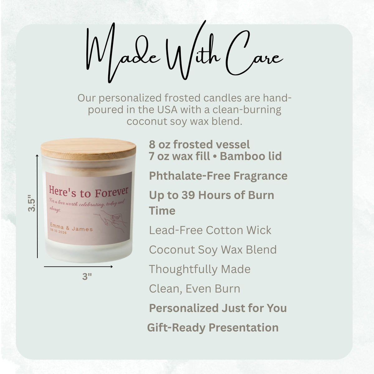 Product details and size diagram for the Here's to Forever personalized frosted candle