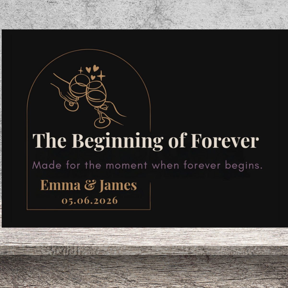 DESIGN C - Where Forever Begins personalized frosted candle on a stone backdrop
