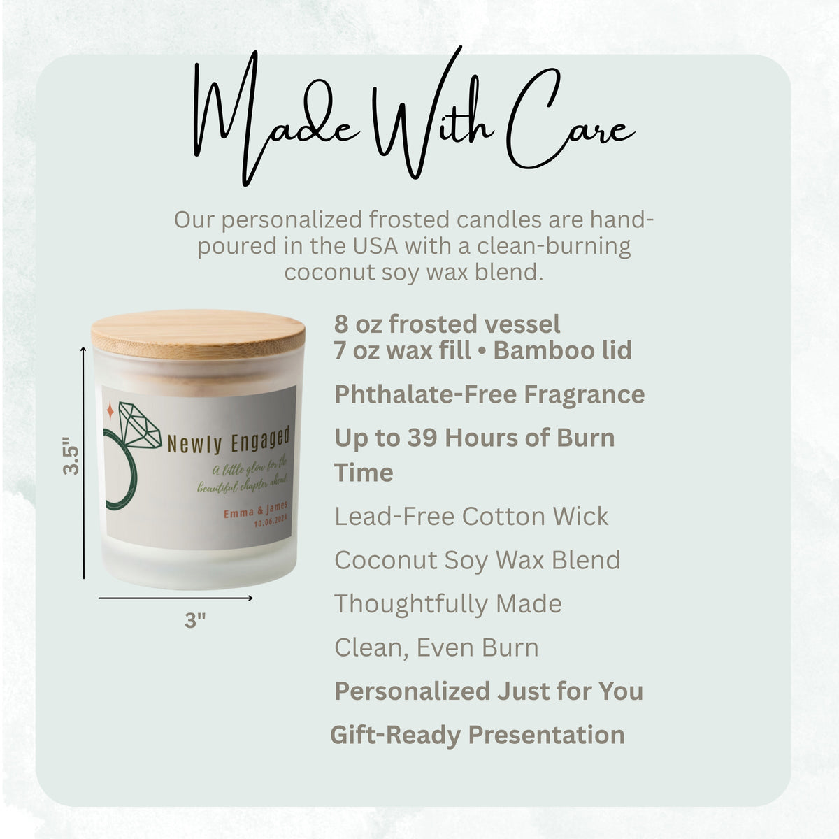 Product details and size diagram for A Little Glow for the Chapter Ahead personalized frosted candle