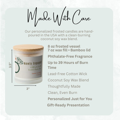 Product details and size diagram for A Little Glow for the Chapter Ahead personalized frosted candle