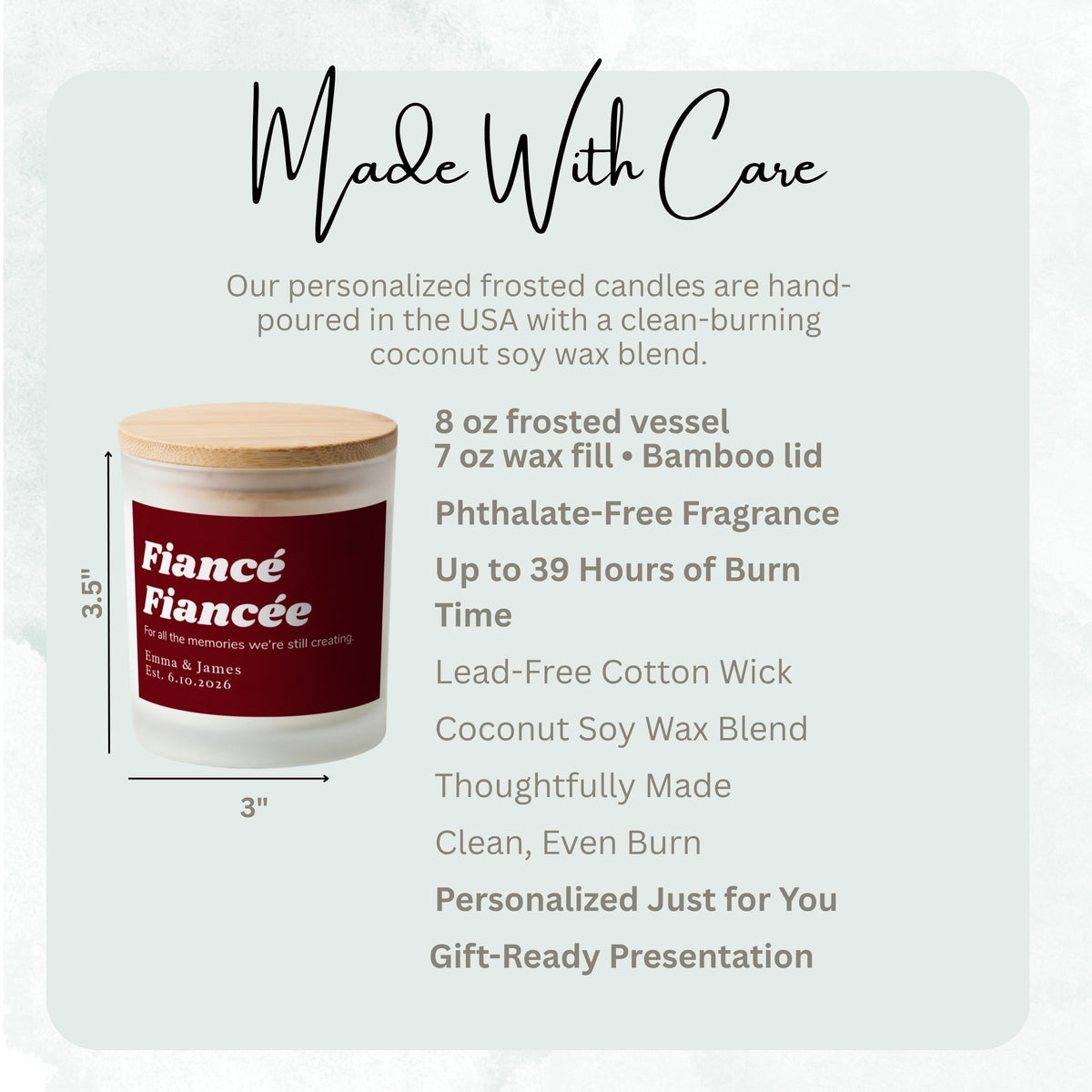 Product details and size diagram for the All the Memories We're Still Creating personalized frosted candle