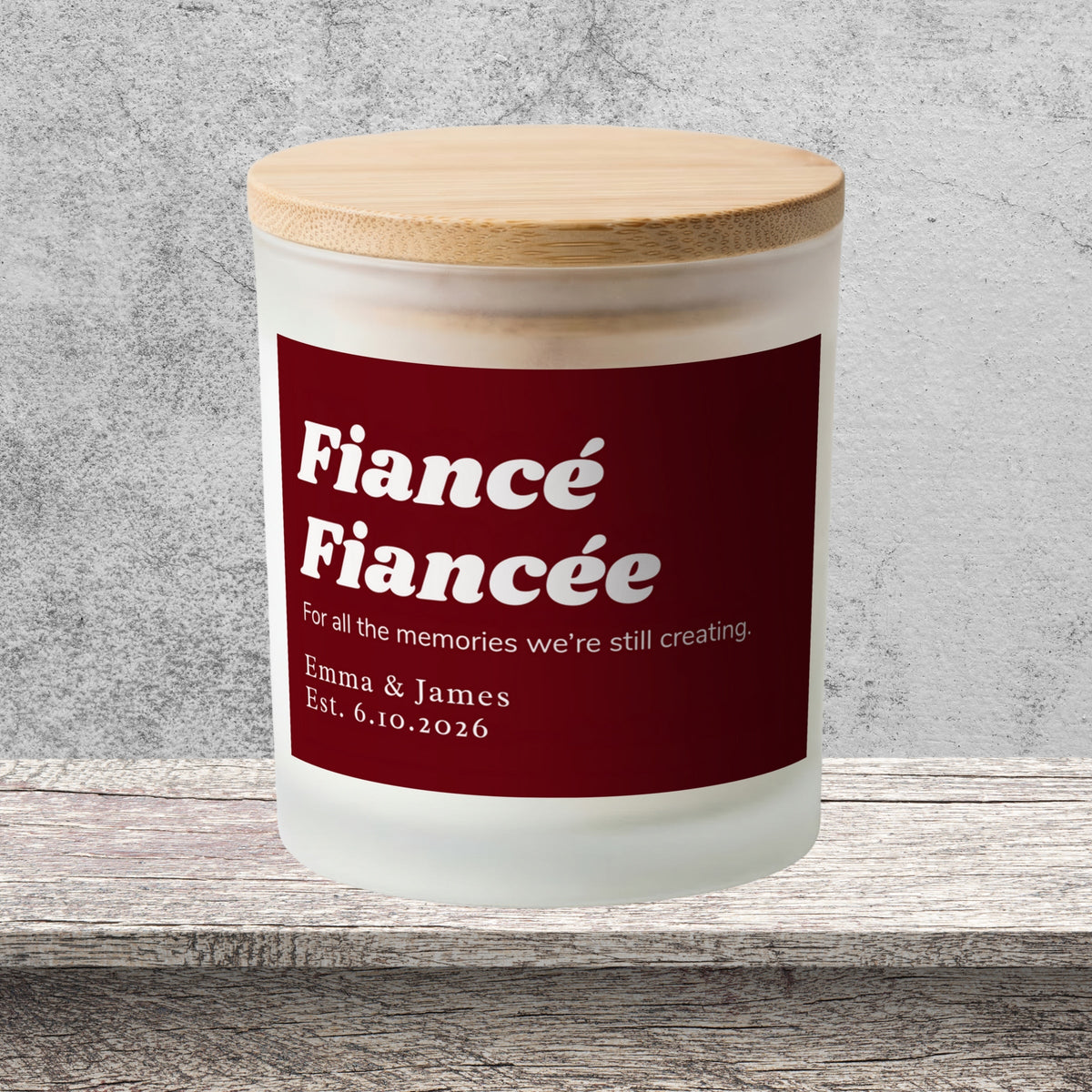 DESIGN D - All the Memories We're Still Creating personalized frosted candle on a stone backdrop