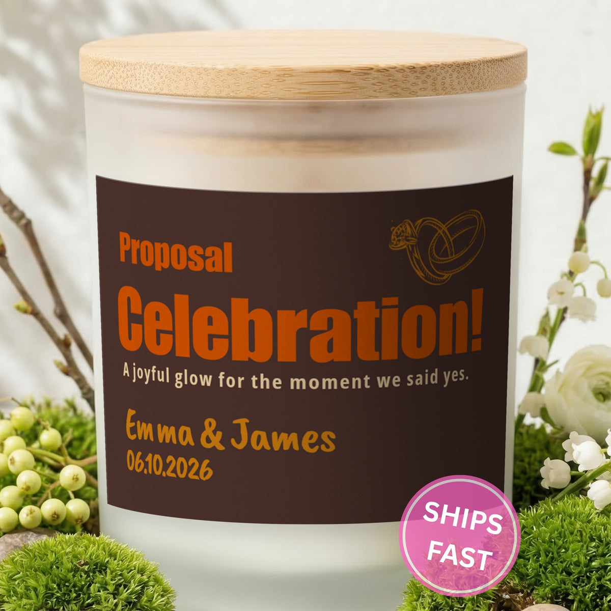 Proposal Celebration personalized frosted candle with bamboo lid in a lifestyle scene with greenery