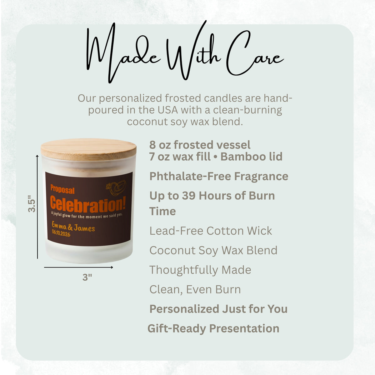 Product details and size diagram for the Proposal Celebration personalized frosted candle