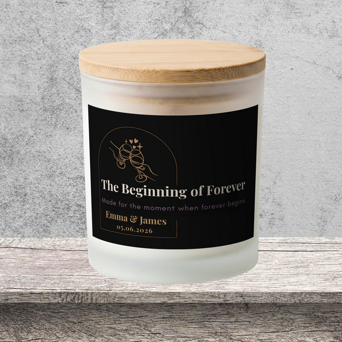 DESIGN C - Where Forever Begins personalized frosted candle on a stone backdrop