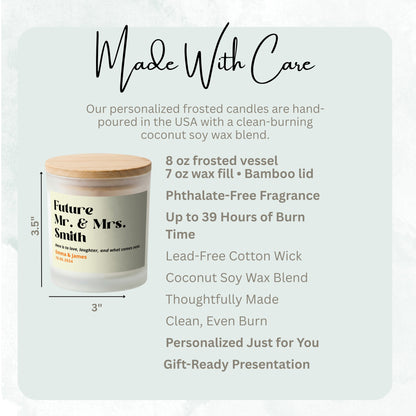 Product details and size diagram for the Here Is to What Comes Next personalized frosted candle