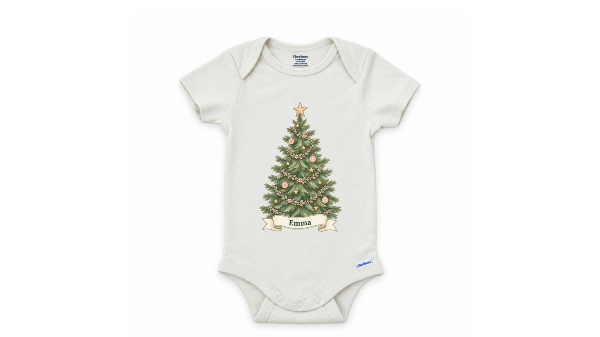 Watercolor Christmas tree design on white - personalized First Christmas baby onesie